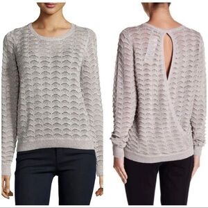 $298 Parker Sz XS Womens Silver Metallic Fan Knit Pointelle Split Back Sweater